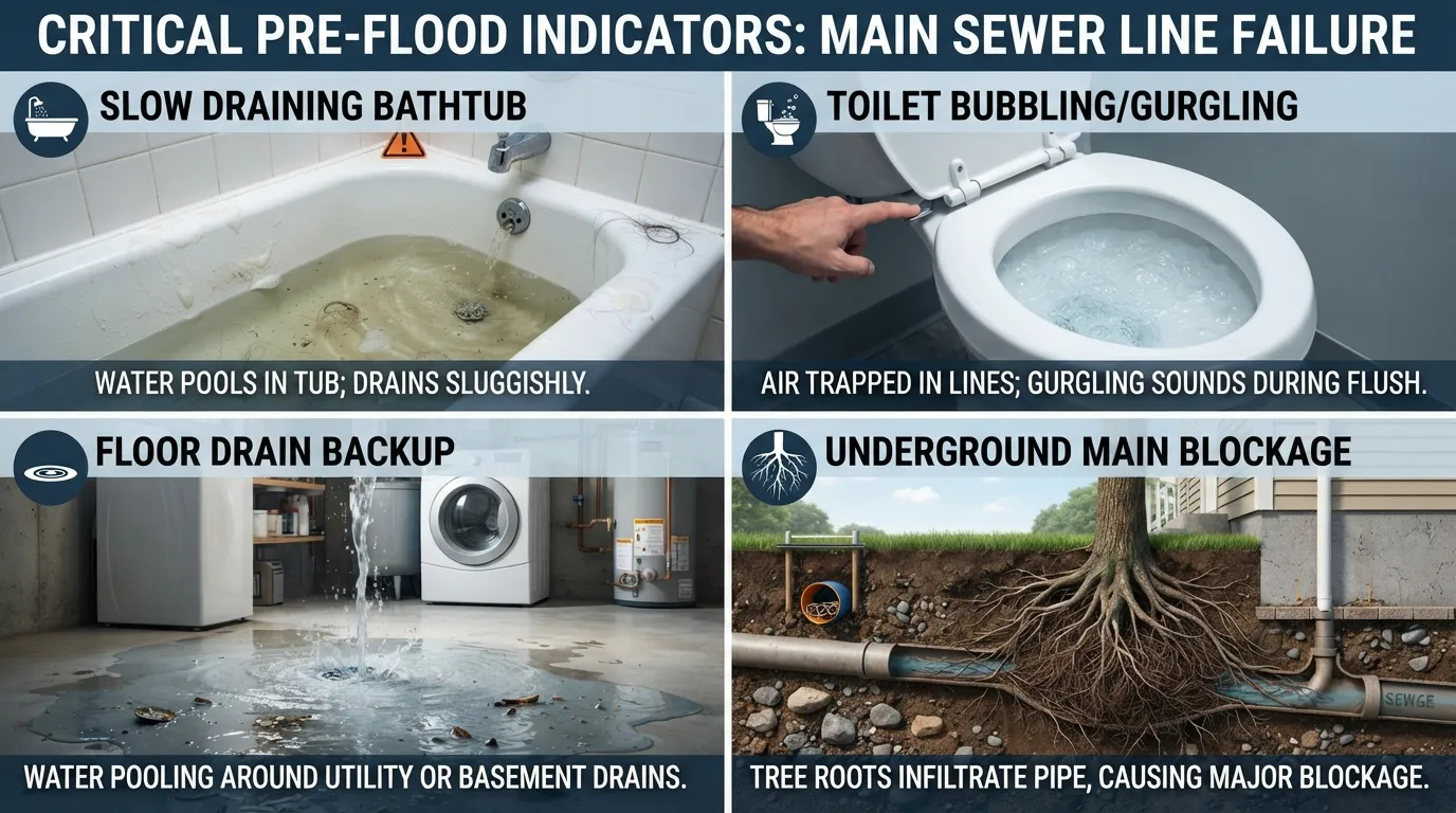 Infographic showing early warning signs of a sewer backup, including slow drains, gurgling toilets, and wastewater in floor drains.
