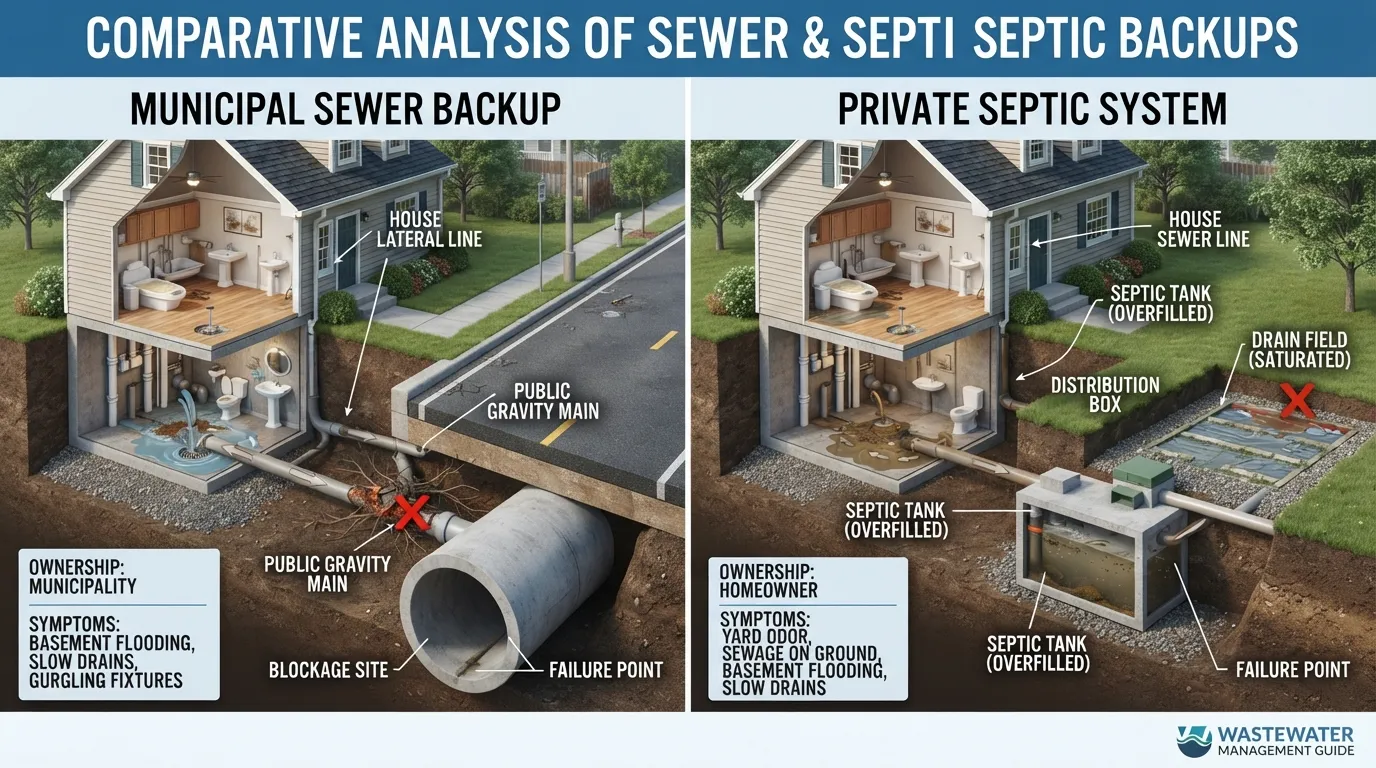 Infographic comparing municipal sewer line backups and private septic tank systems, highlighting differences in wastewater flow and drainage problems.