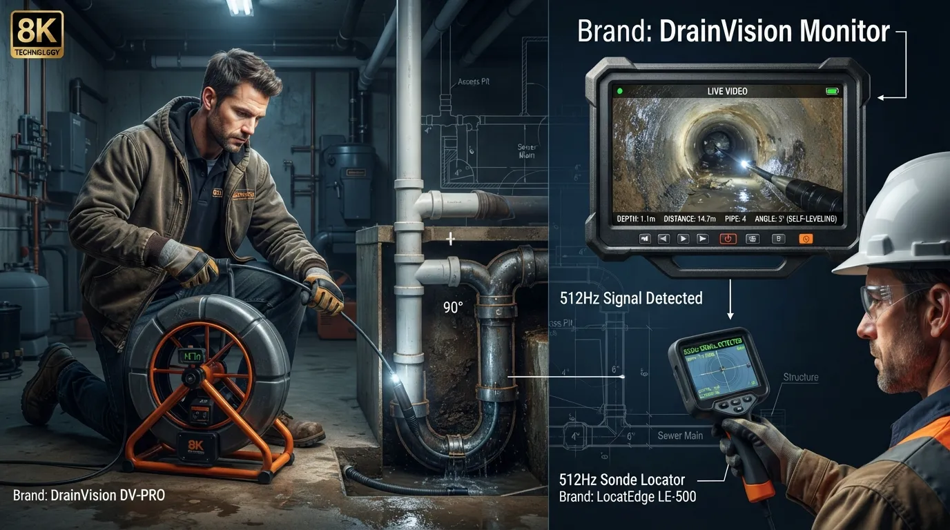 A plumbing technician operating a flexible fiberglass push rod camera to inspect hard-to-reach underground sewer pipes.