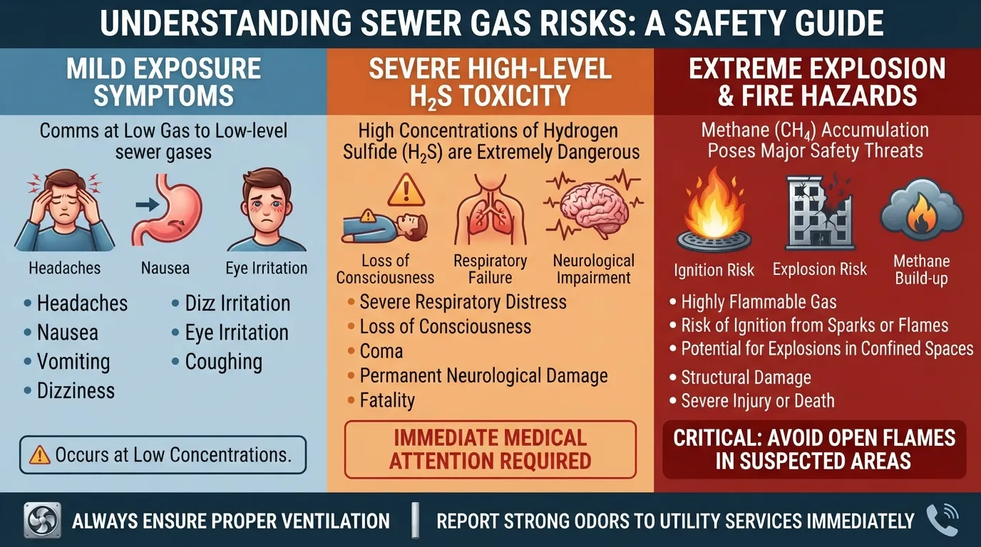 Detailed infographic illustrating the health risks, symptoms, and toxicity levels associated with sewer gas exposure.