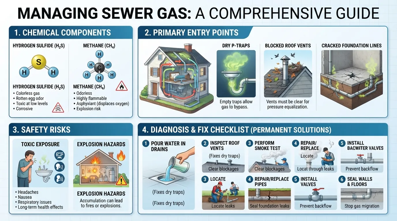 Infographic diagram illustrating sewer gas composition, common causes like dry P-traps, health dangers, and steps to fix the smell.