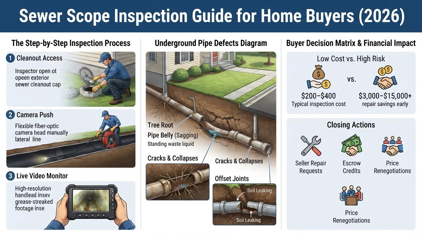 A detailed infographic visual guide explaining the complete 2026 home purchase sewer scope inspection process, showing camera insertion, common underground pipe defects, and buyer benefits.