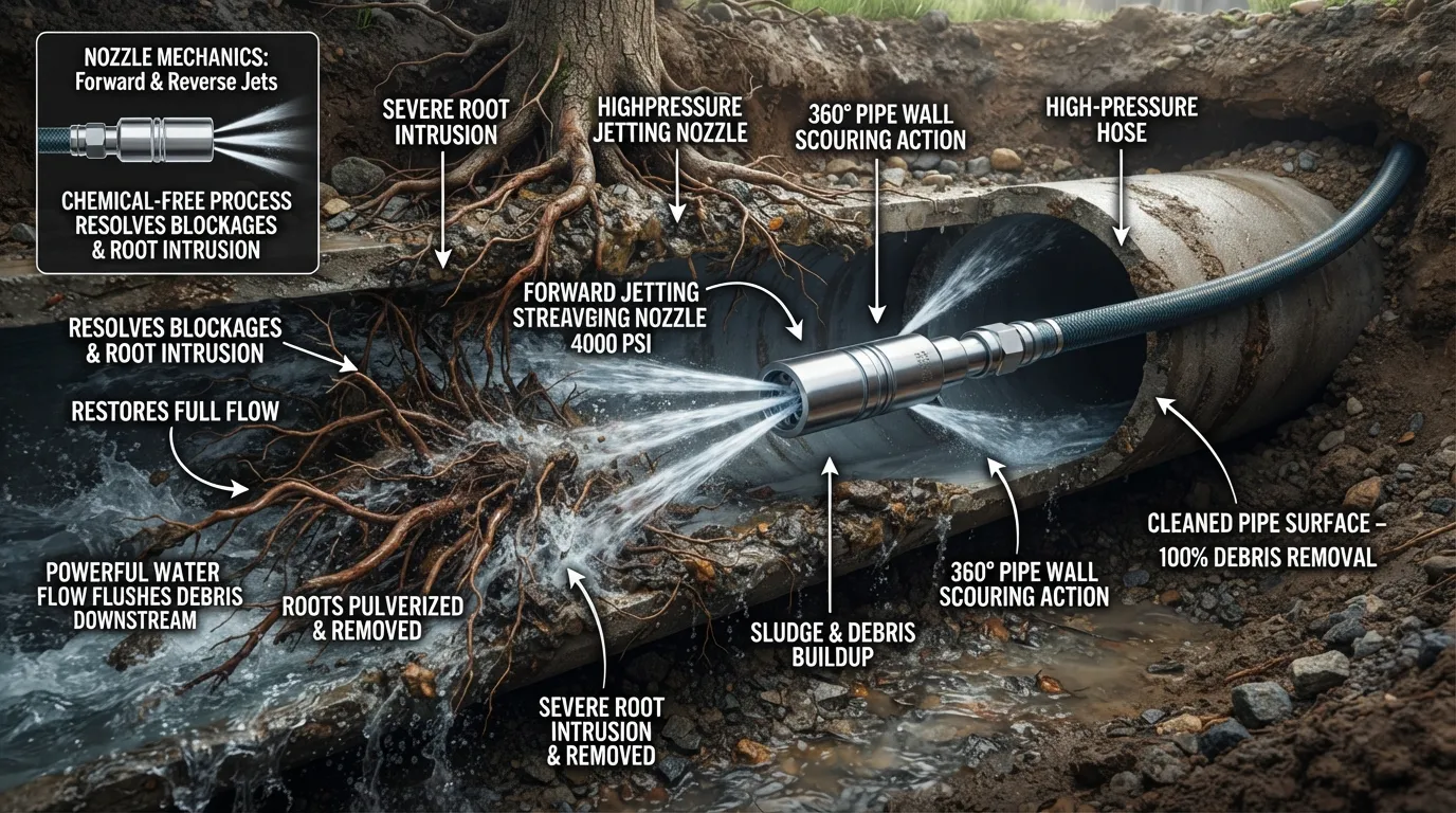 A professional plumber operating high-pressure sewer jetting equipment to clear a main drain line.