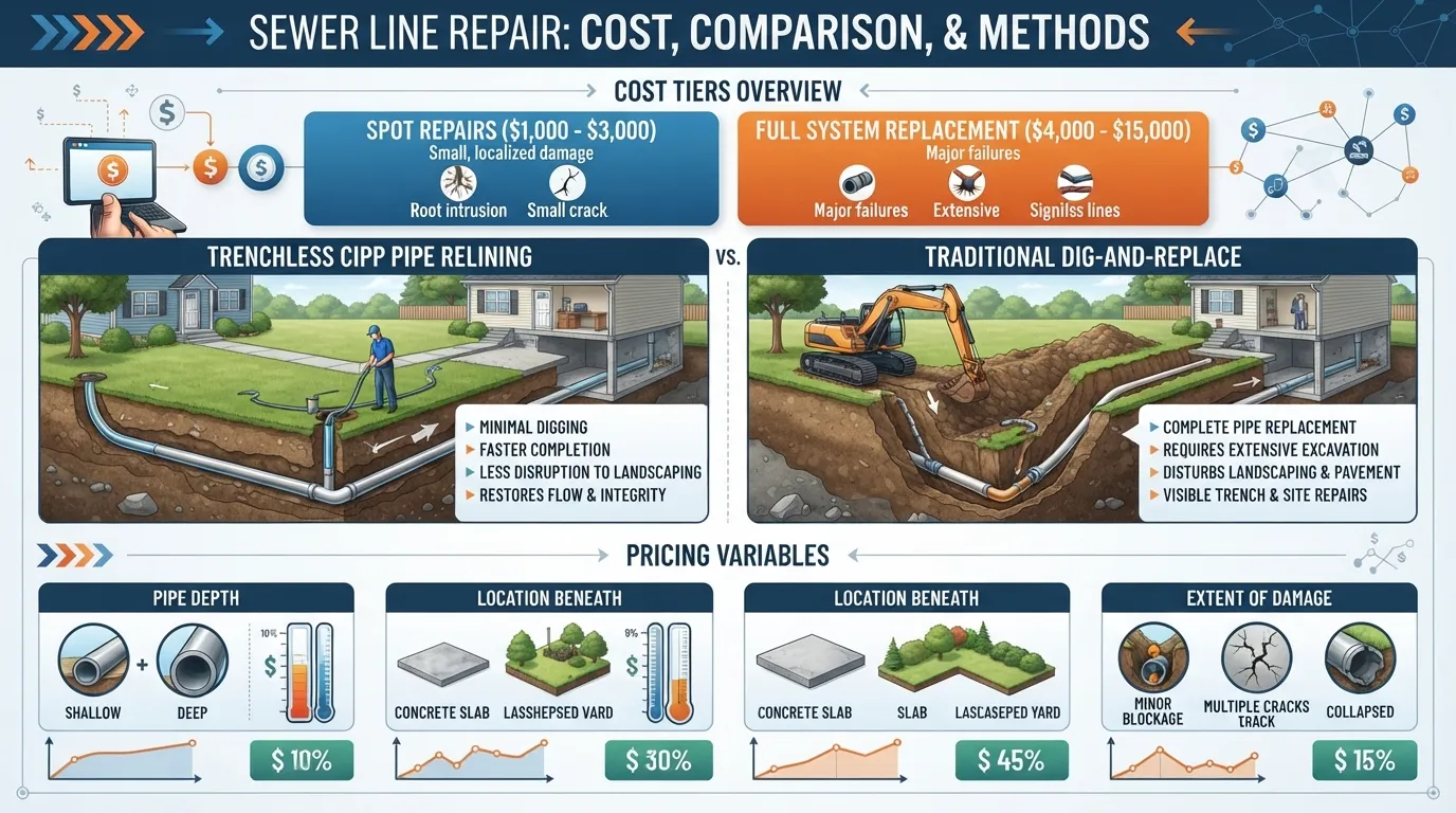 Infographic displaying sewer line repair costs, trenchless repair options, and dig-and-replace pricing factors