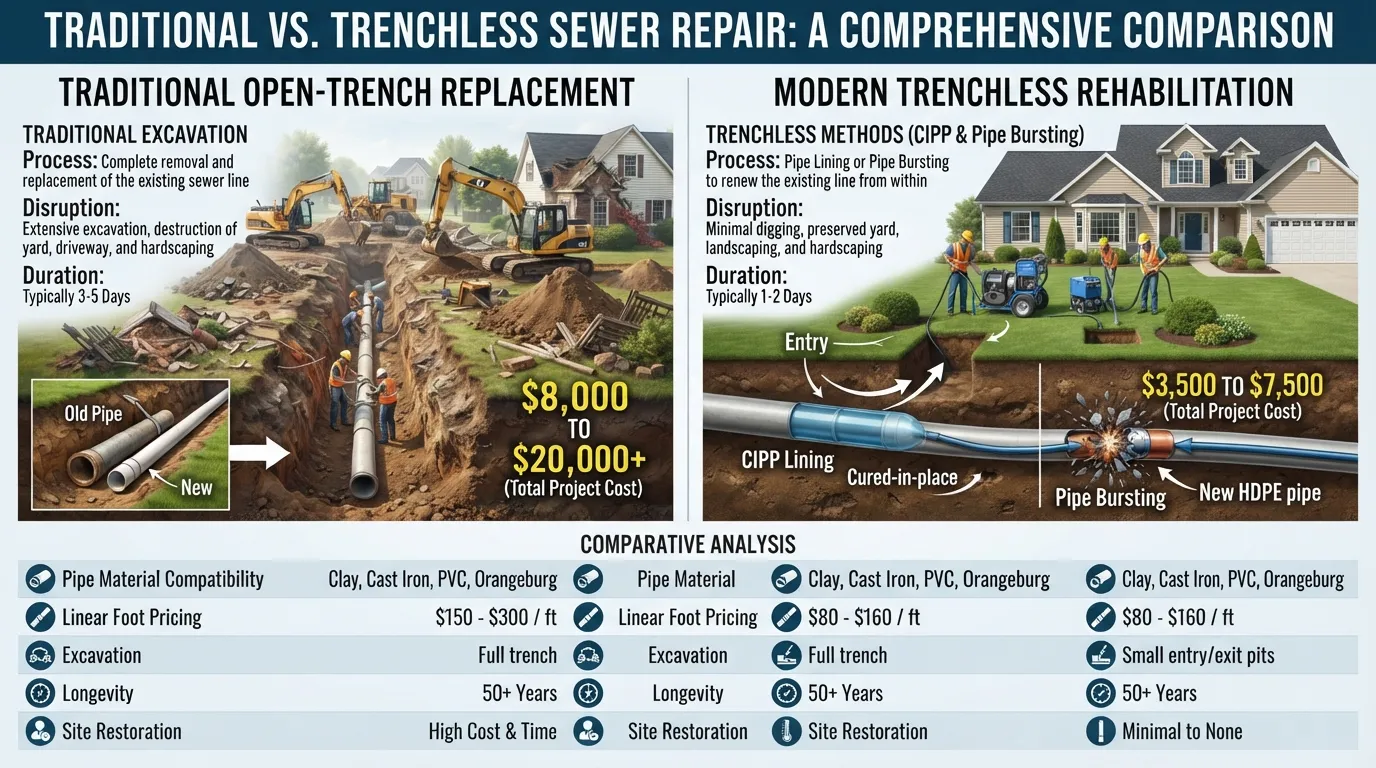 Infographic comparing traditional sewer line excavation with trenchless pipe relining and bursting methods, highlighting costs and procedures.