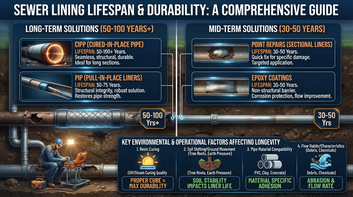 Infographic showing the 50 to 100-year expected lifespan and durability factors of CIPP, PIP, point repairs, and spray-on epoxy sewer linings.