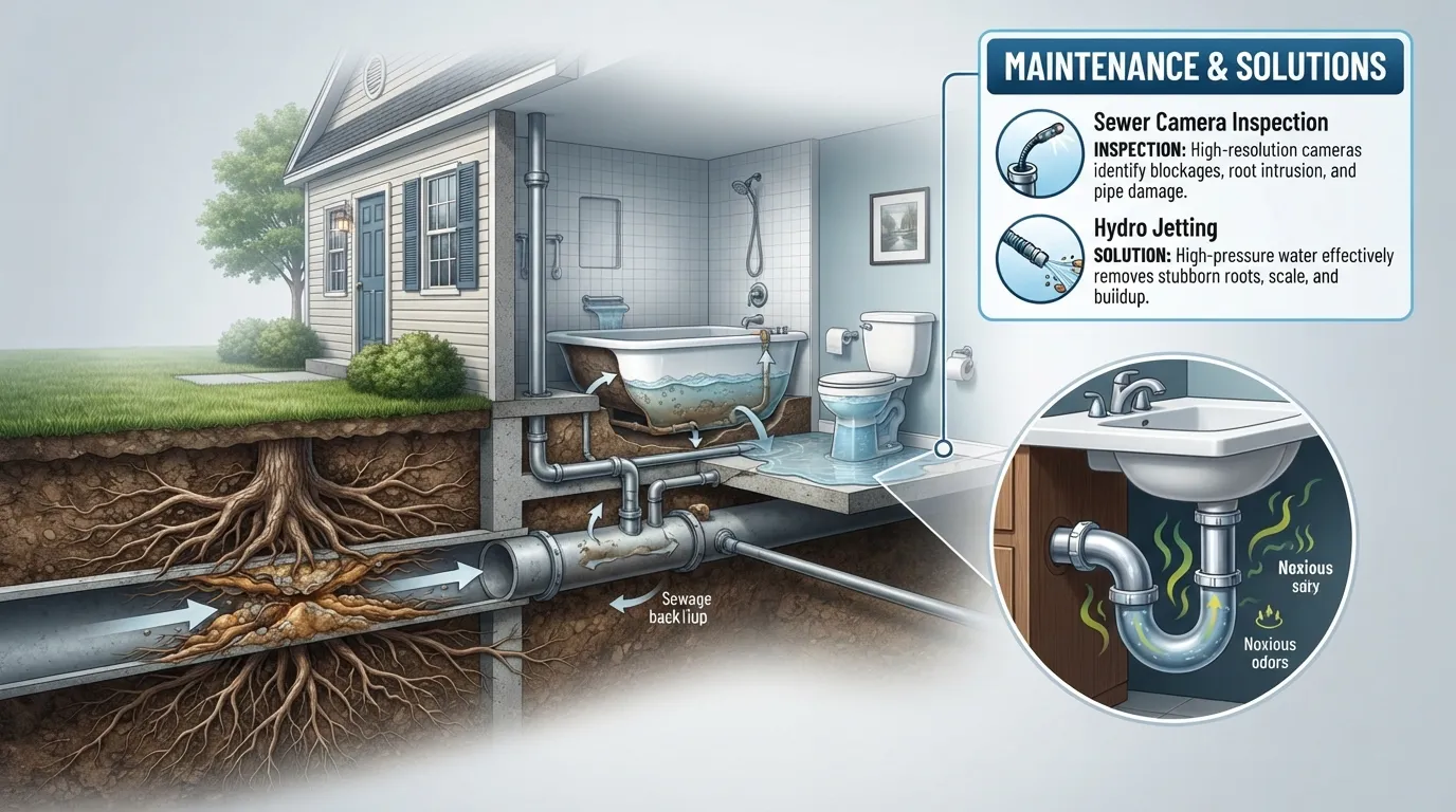 Cross-section diagram illustrating a blocked main sewer line causing sewage backing up into a home's bathtub and toilet, alongside dry P-trap sewer gas odors.