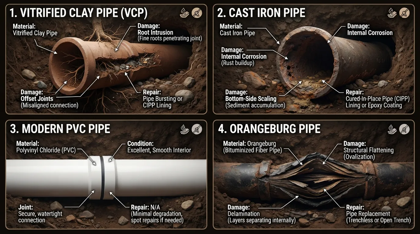 Infographic comparing underground sewer pipe materials including clay, cast iron, PVC, and Orangeburg pipes with visual indicators of common damage types.
