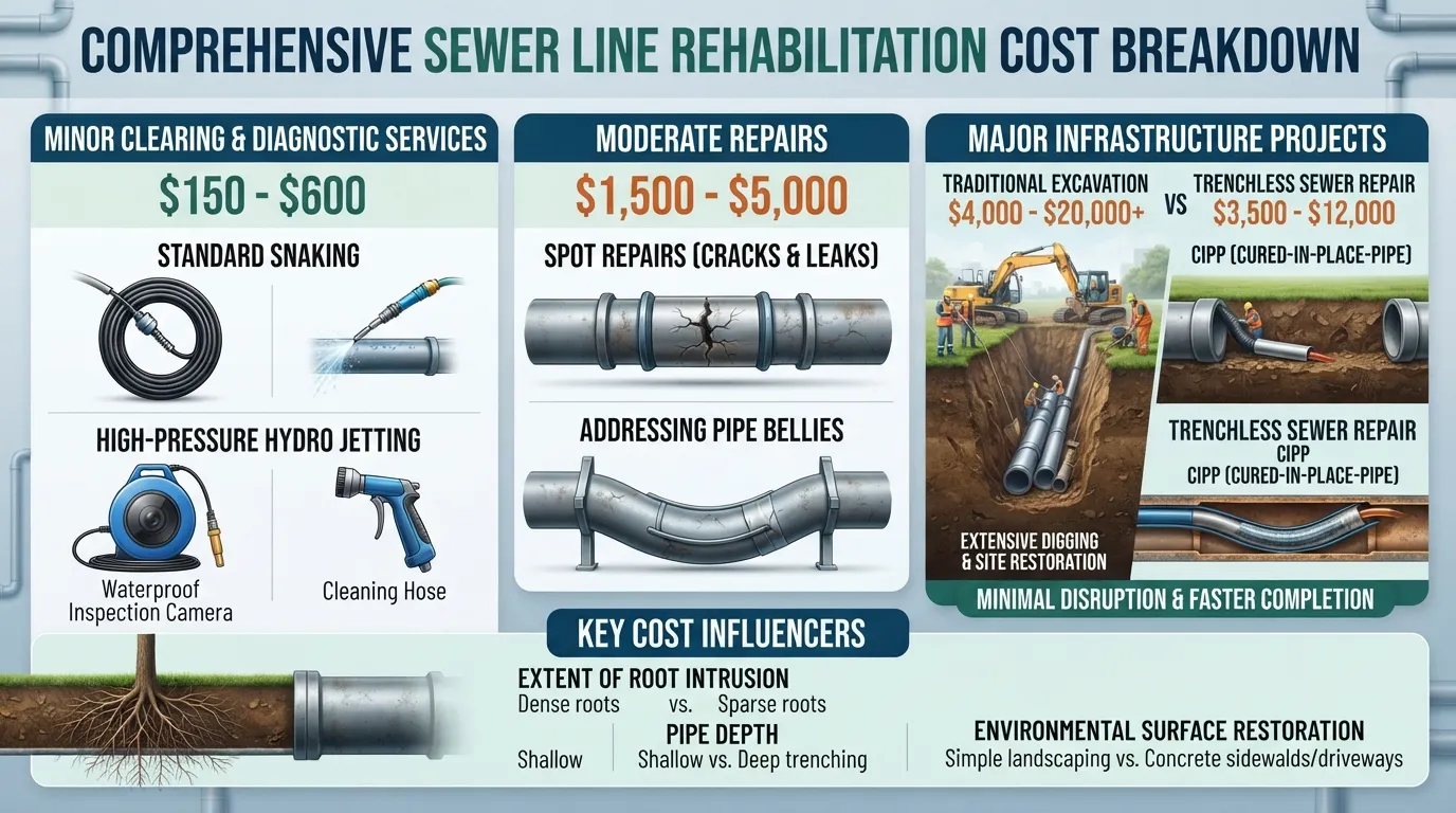 Infographic comparing minor sewer clearing costs with major trenchless and excavation sewer repair pricing factors.