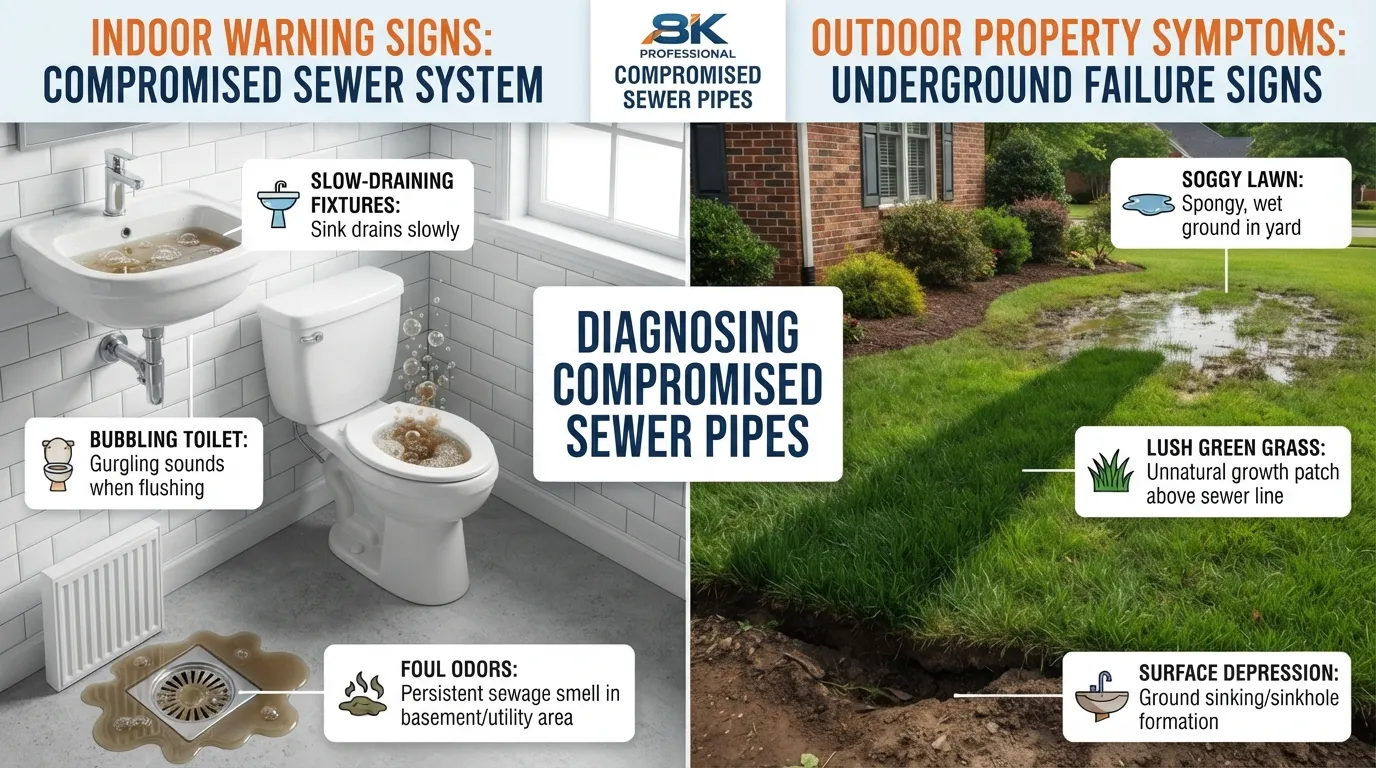 Infographic displaying indoor and outdoor warning signs of a damaged sewer line, including slow drains, gurgling toilets, and soggy lawn patches.