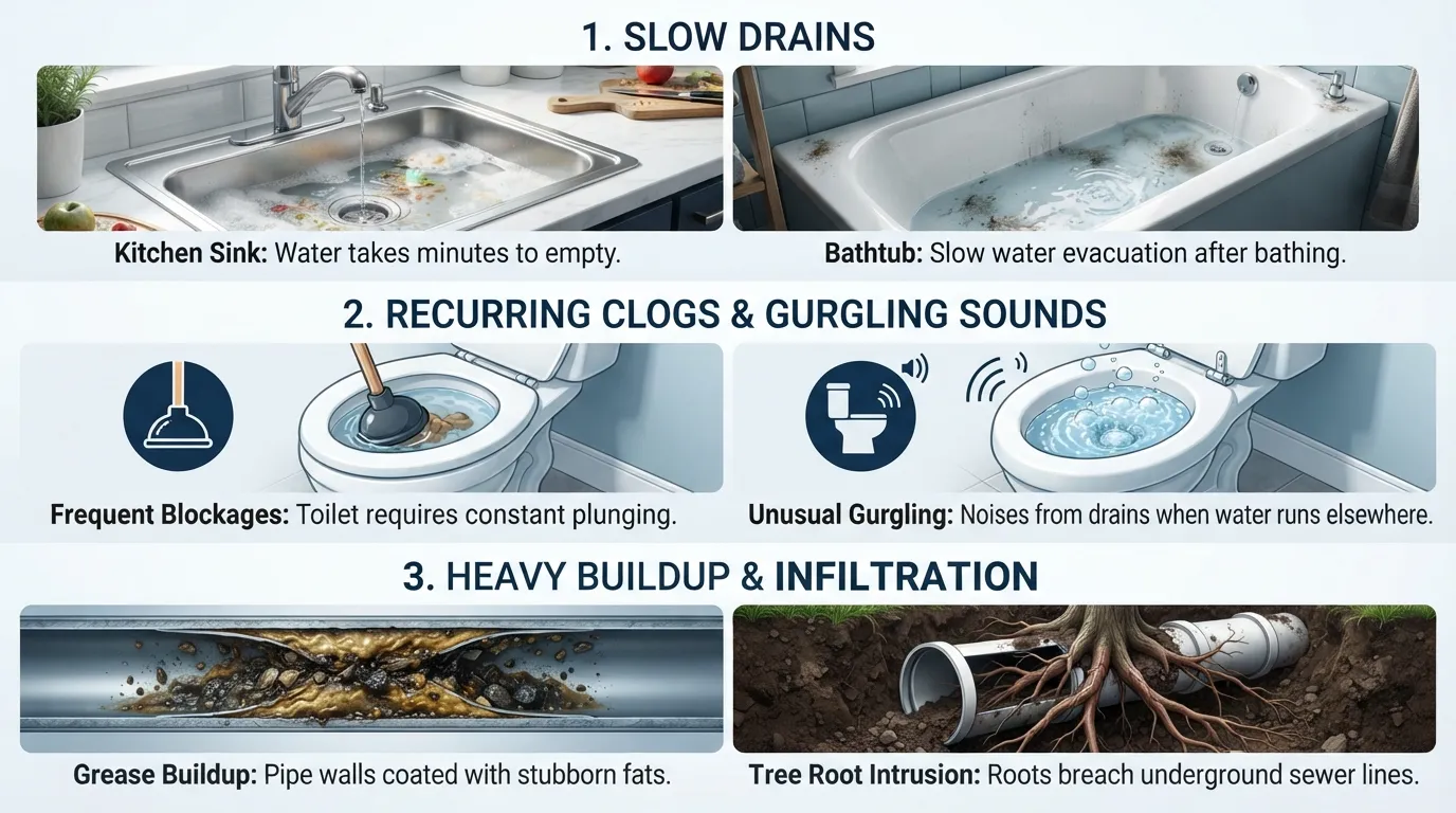 Infographic illustrating common signs of blocked sewer lines including slow drains, gurgling sounds, and recurring clogs.