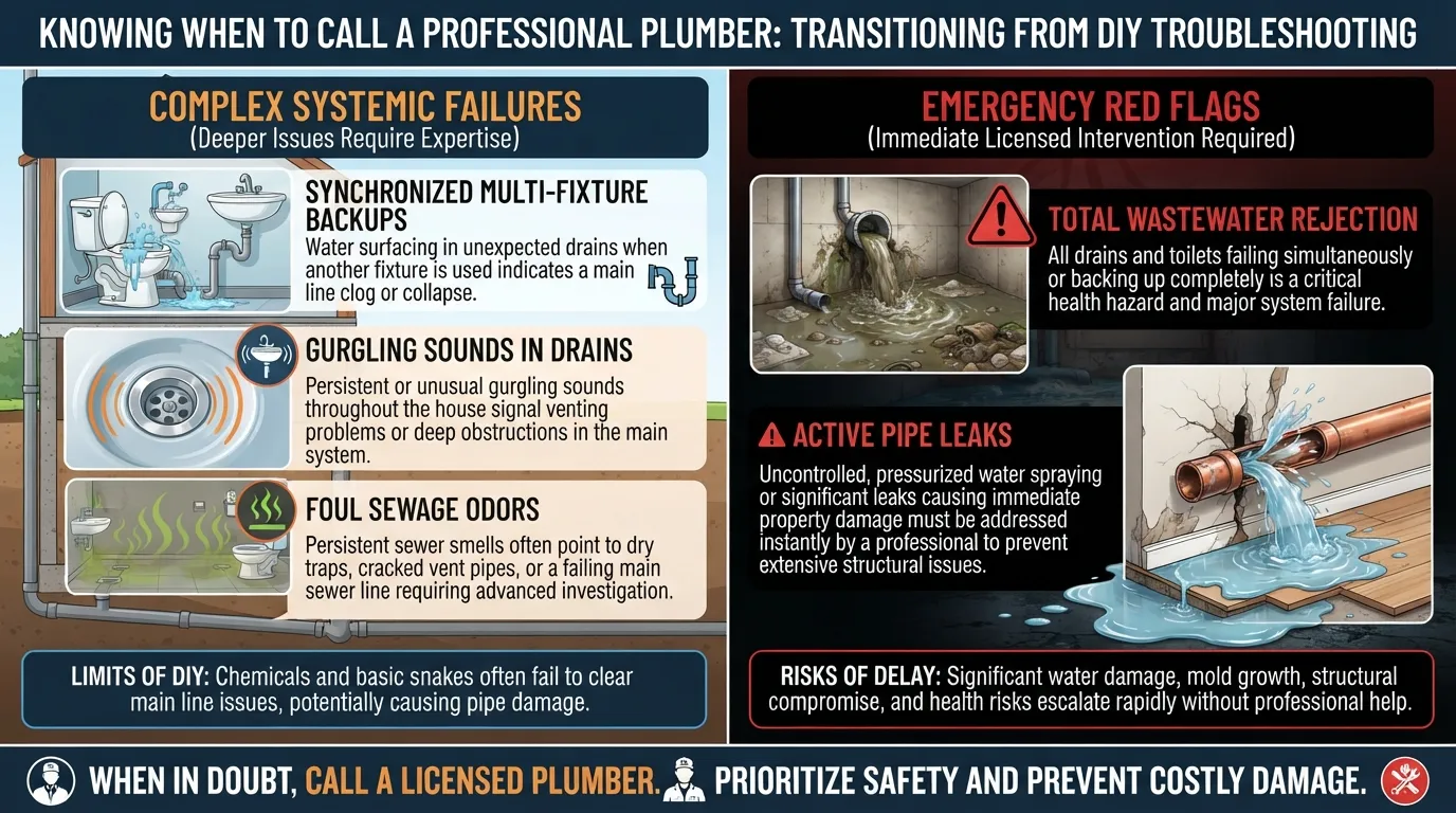 A professional plumber inspecting a complex plumbing system under a sink to show when to call an expert instead of using a DIY fix.