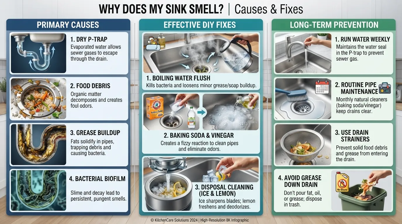 Comprehensive infographic illustrating common sink odor causes, DIY cleaning methods, and prevention tips for a smelly drain