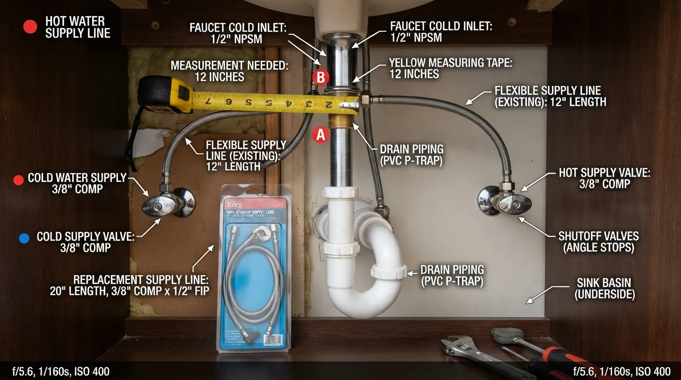 Under-sink faucet supply lines showing common connection sizes, flexible supply-line types, measurement points, and replacement setup