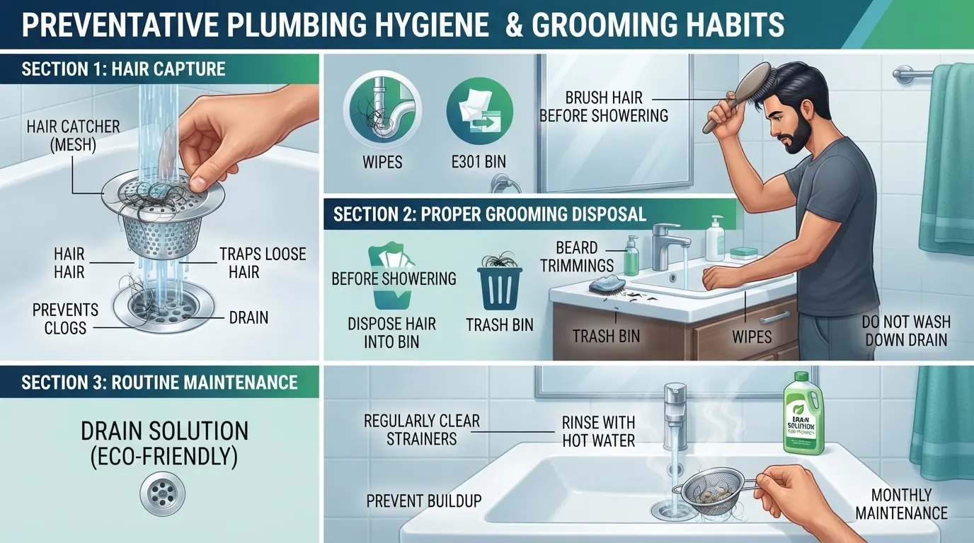 A step-by-step visual guide showing smart bathing and grooming habits to prevent bathroom drain clogs, including hair catchers and proper disposal methods.
