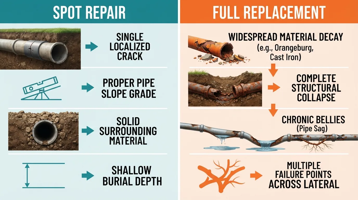 A side-by-side comparison checklist displaying criteria for choosing between a sewer line spot repair and a full replacement.