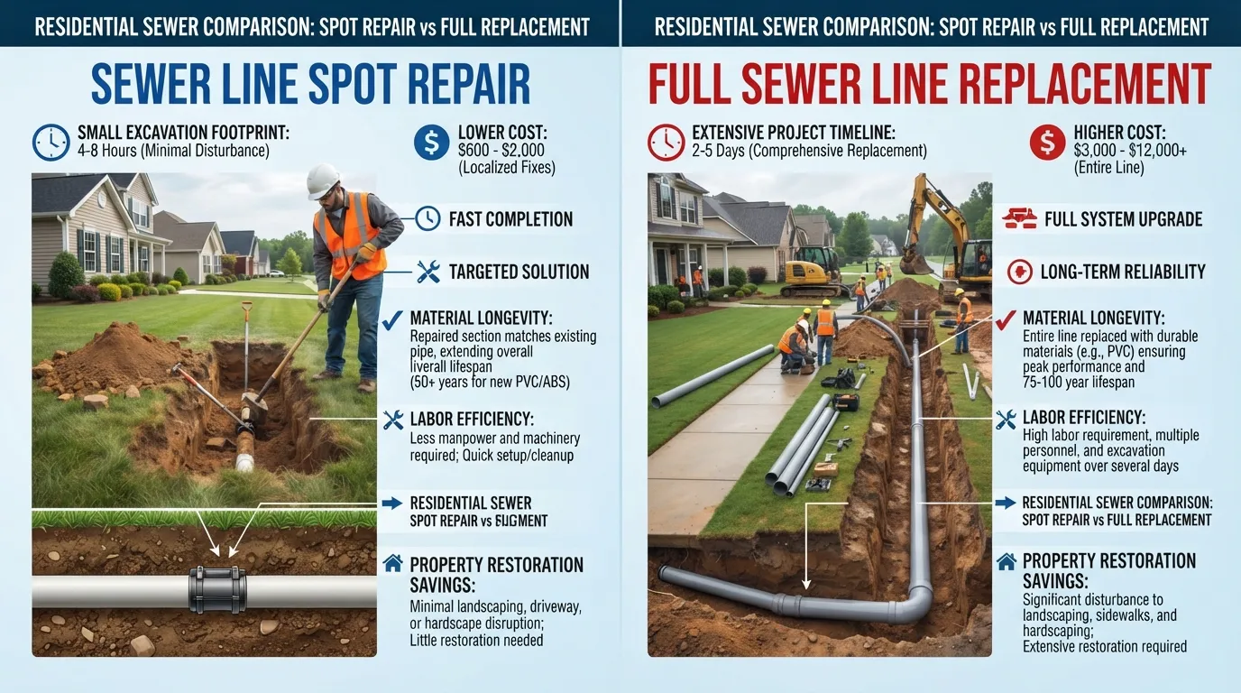 Infographic comparing the cost and time differences between a sewer line spot repair and a full sewer line replacement.