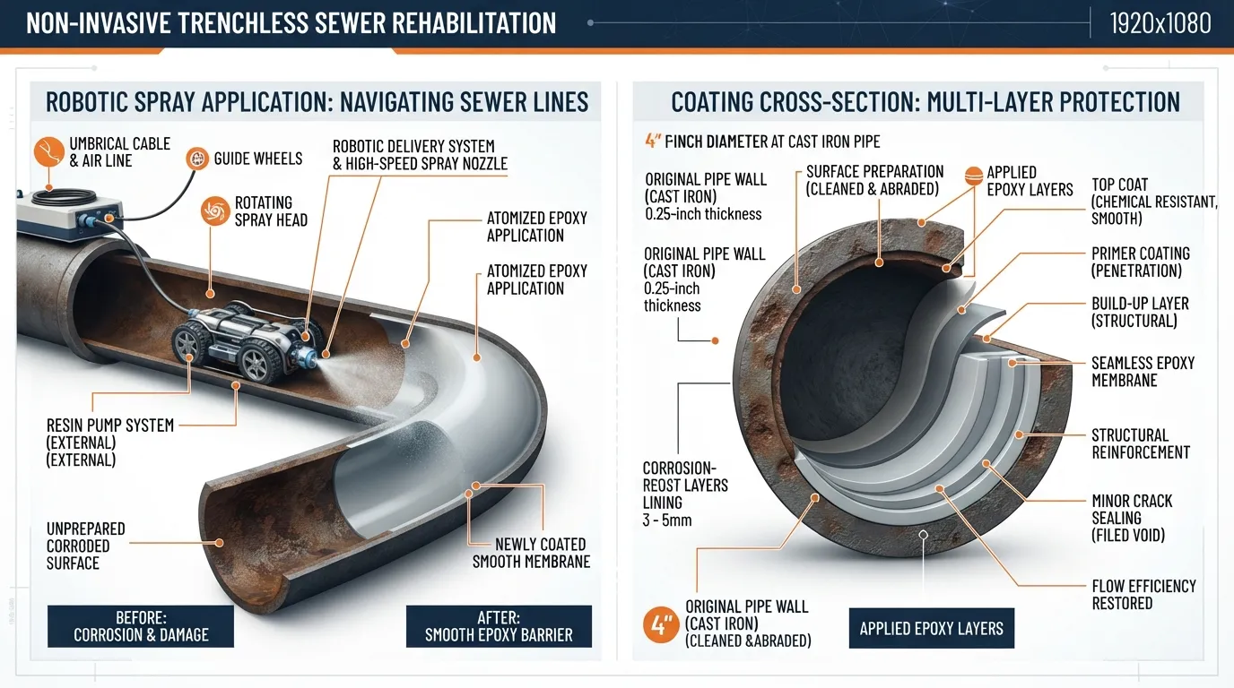 Robotic spray nozzle applying a protective epoxy resin coating inside a small-diameter sewer pipe