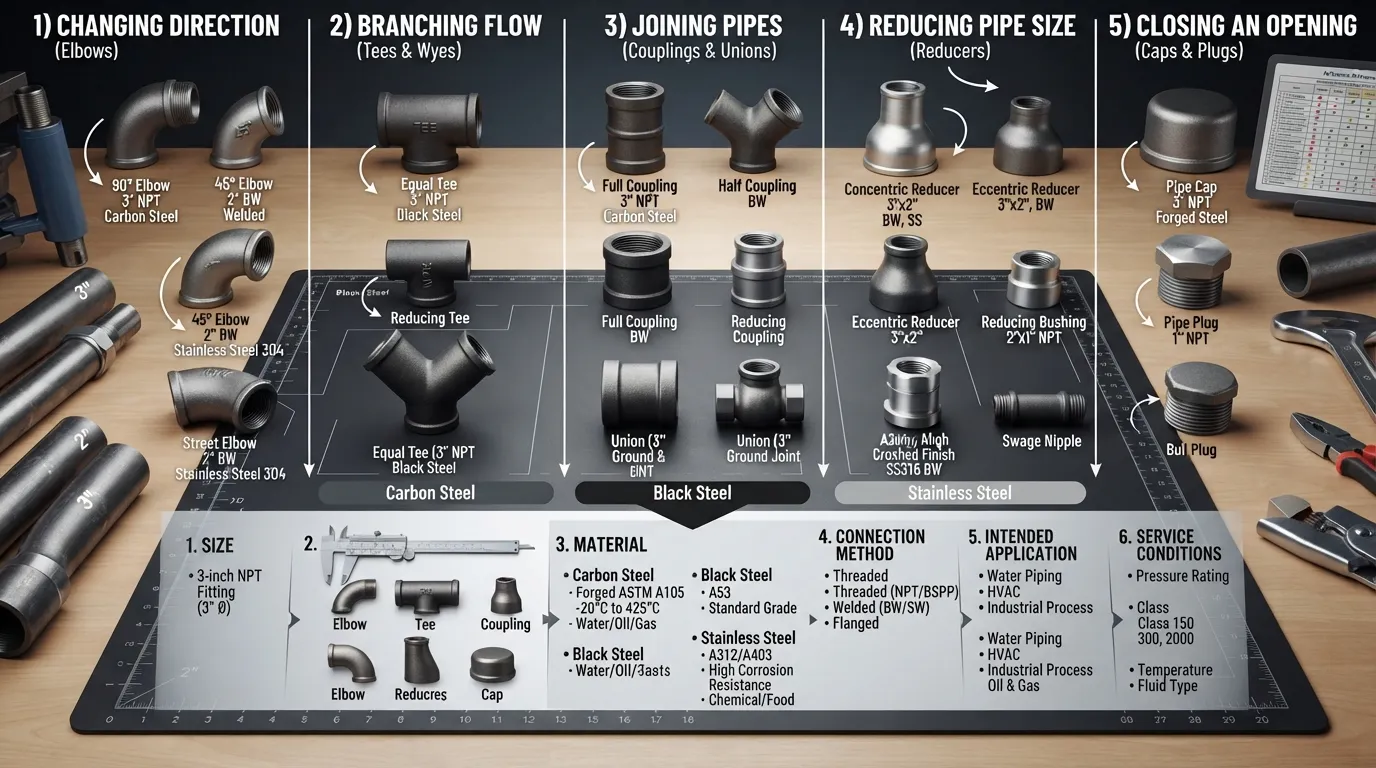 Steel pipe fittings showing common types, materials, sizes, and selection factors for different piping applications