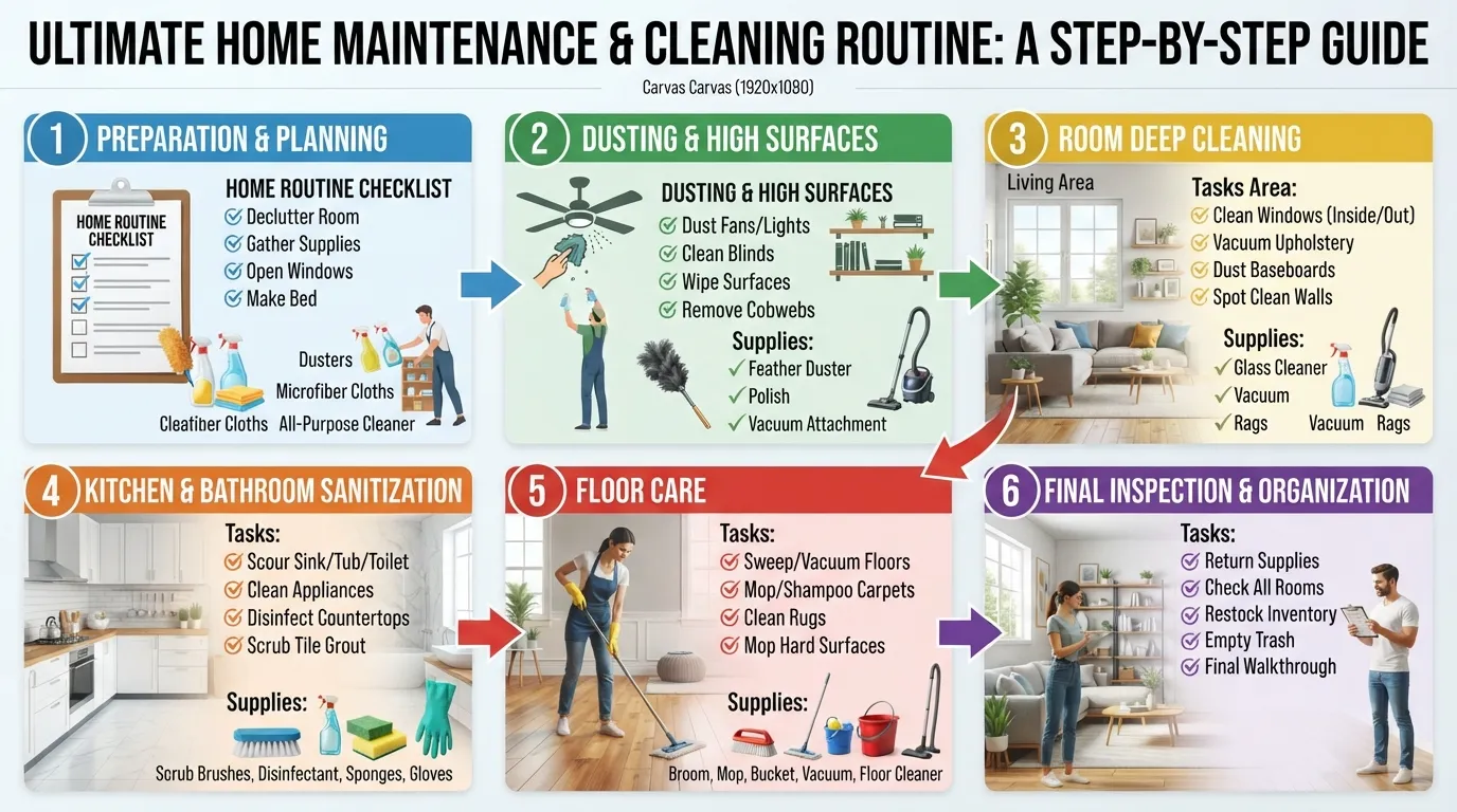 A comprehensive, step-by-step DIY guide layout showing organized cleaning and home maintenance tools, supplies, and checklist items.