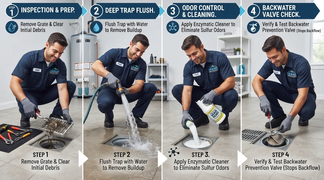 A professional plumber performing expert maintenance on a floor drain in a Miami home to prevent foul odors and sewer backups.