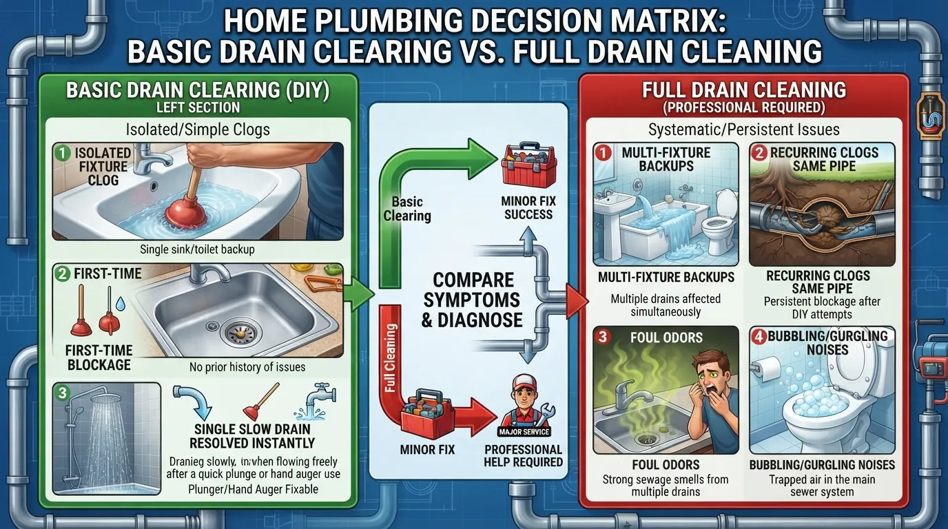 A plumbing decision guide flowchart helping homeowners choose between drain clearing and drain cleaning based on symptoms like single clogs or recurring backups.