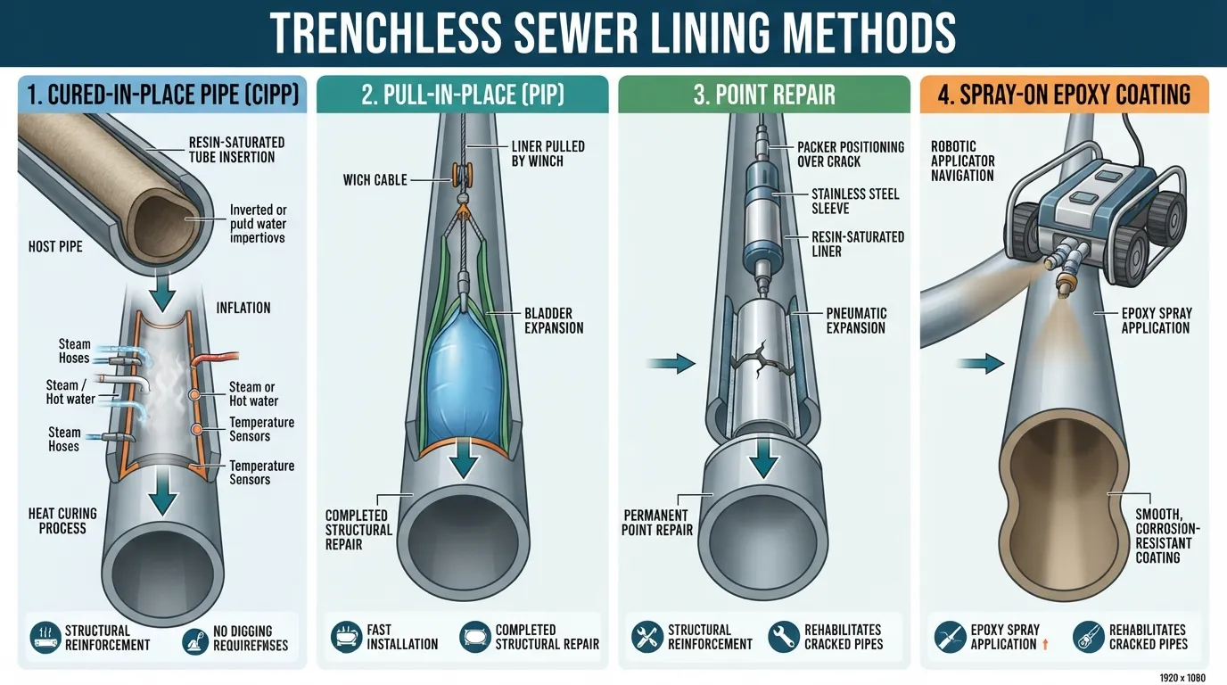 Infographic showing the four types of sewer linings including Cured-in-Place Pipe CIPP, Pull-in-Place PIP, Point Repair, and Spray-On Epoxy Coating for cracked sewer pipes.