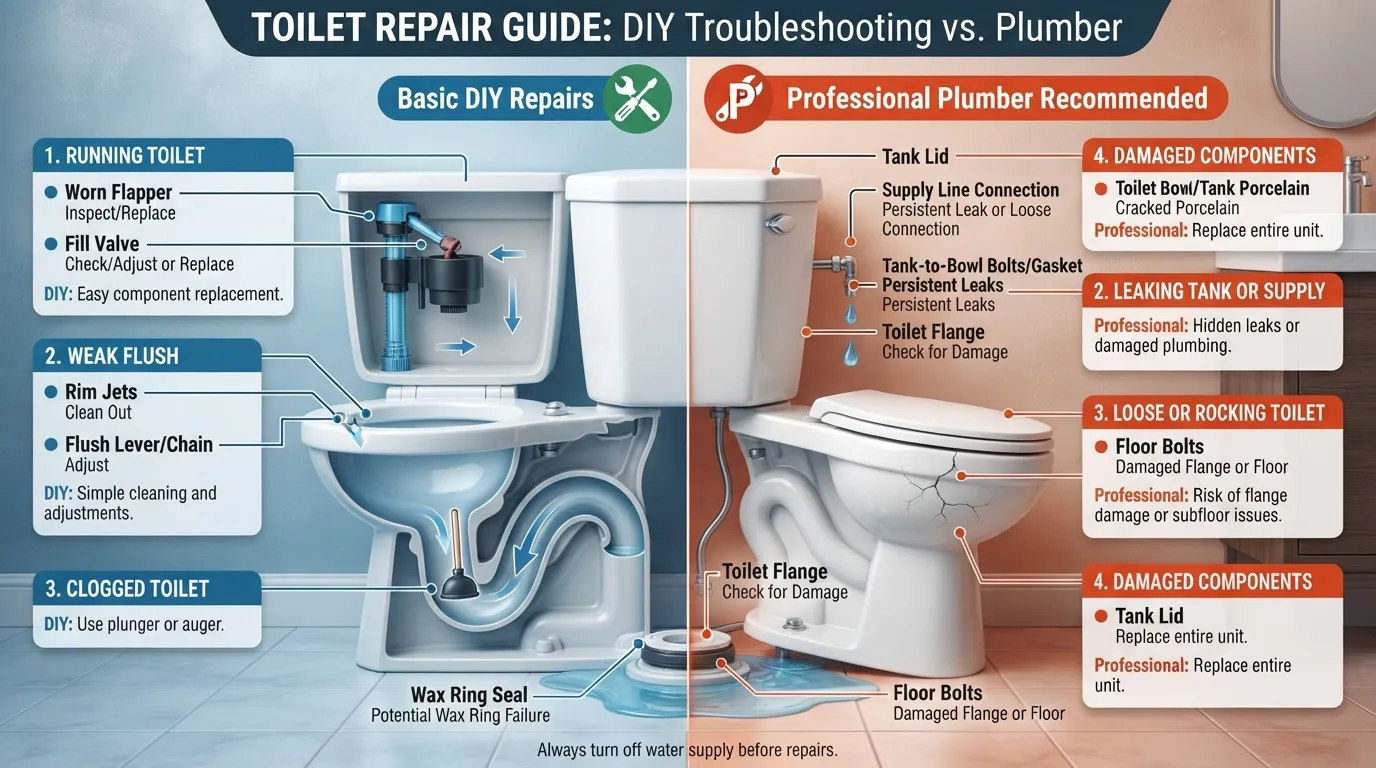 Toilet repair visual showing common toilet problems such as a running toilet, weak flush, leak, clogged toilet, loose toilet, and tank issue, with indicators for when professional plumbing help is needed.