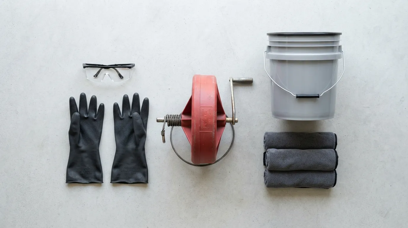 Flat lay of essential plumbing tools and safety equipment including a hand-crank drum auger, heavy-duty rubber gloves, safety glasses, a bucket, and cleaning rags on a clean surface.