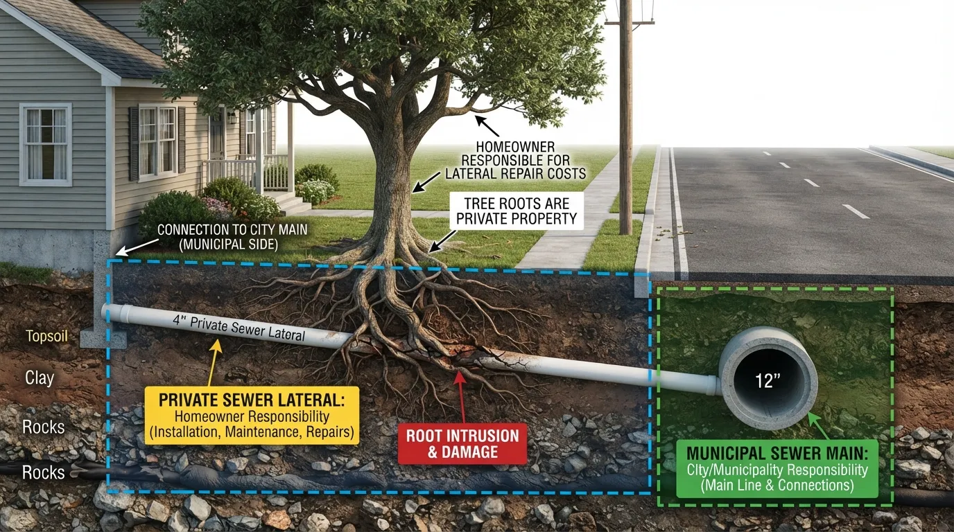 A cross-section diagram of a residential property showing a tree's roots damaging a private sewer lateral, with clear labels indicating homeowner versus municipal responsibility boundaries.