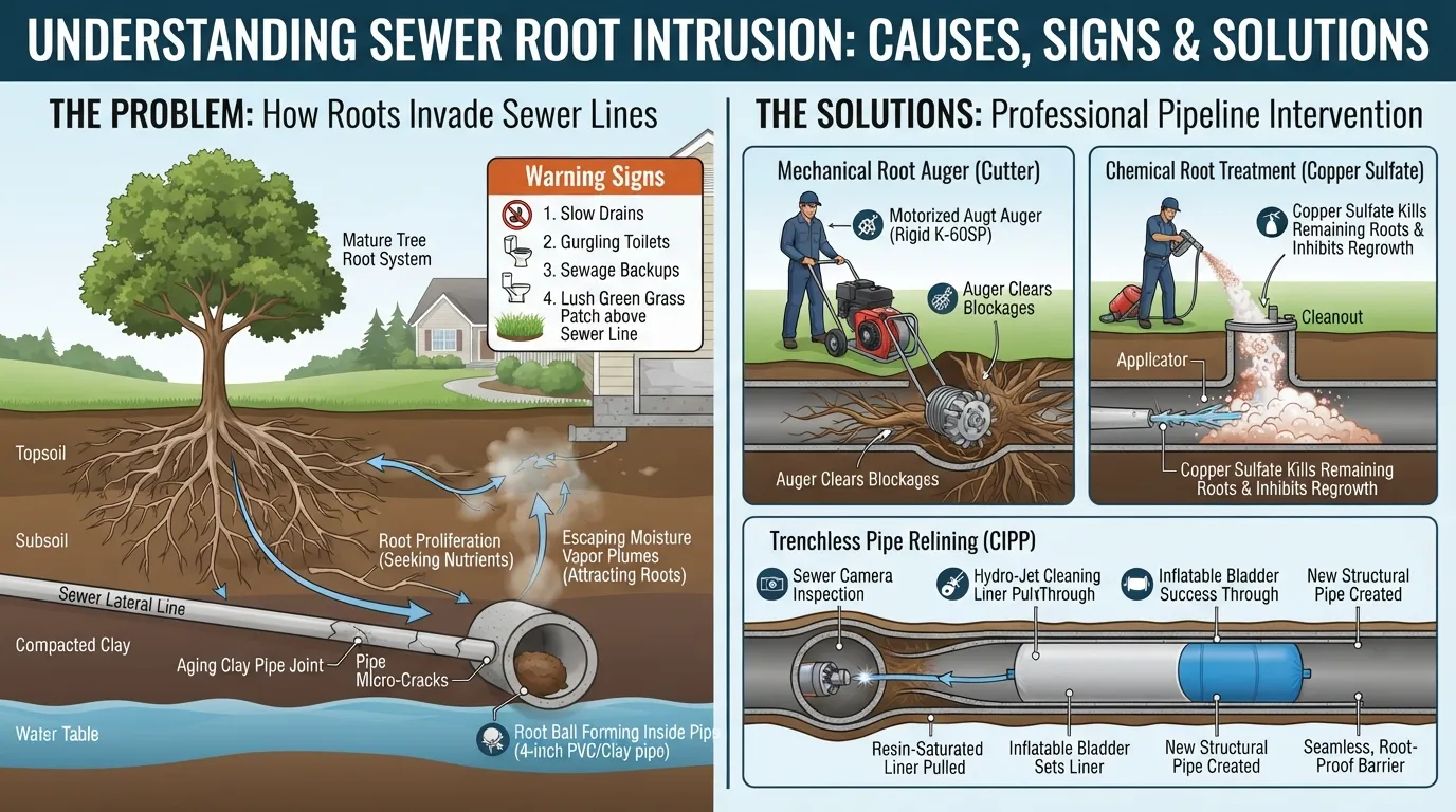 Cross-section diagram illustrating tree roots penetrating cracked sewer pipe joints and professional repair methods
