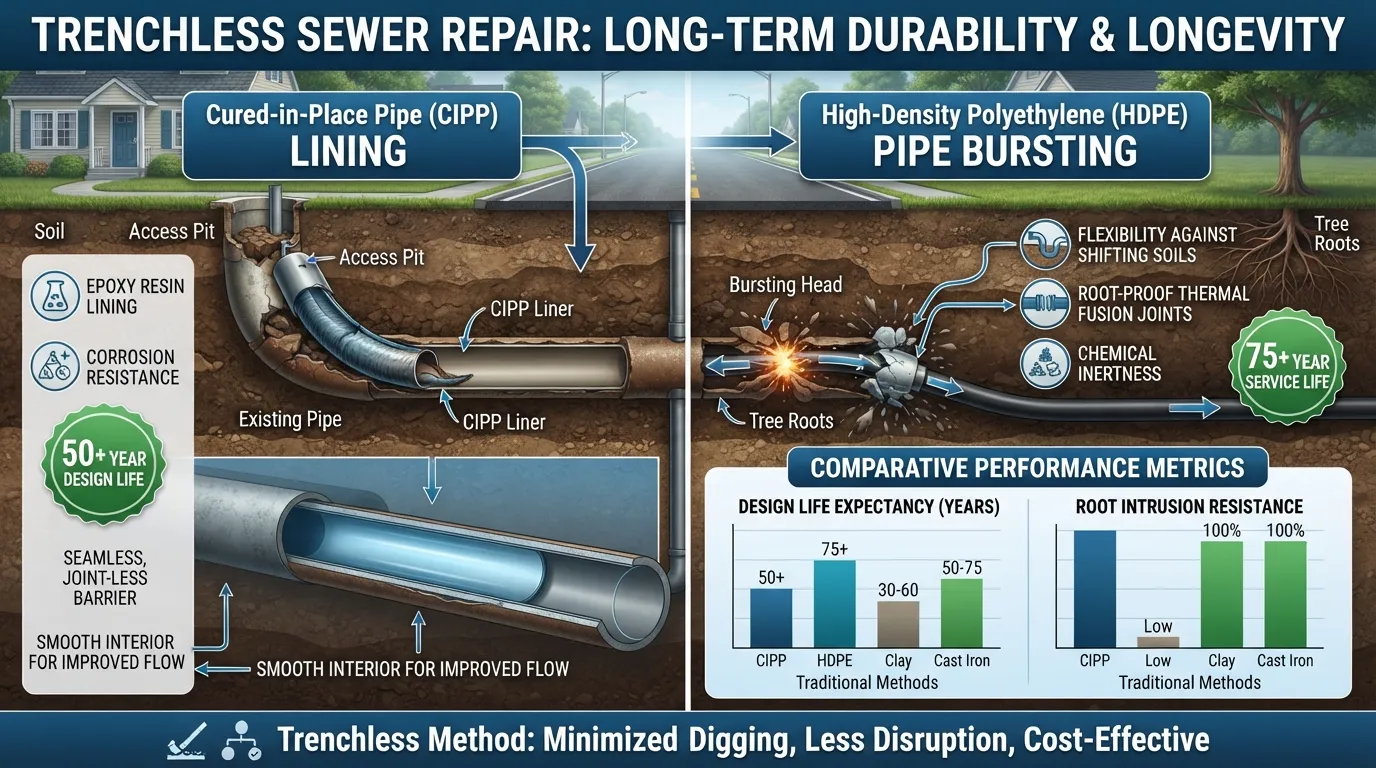 Infographic showing the 50-plus year lifespan and durability of trenchless CIPP lining and HDPE pipe bursting sewer repairs.