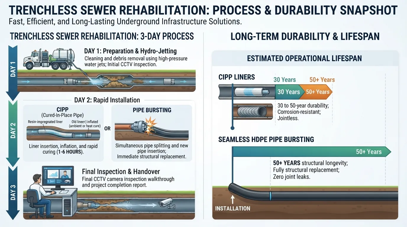 Infographic illustrating the typical project timeline and multi-decade lifespan of trenchless sewer repair methods like CIPP lining and pipe bursting.