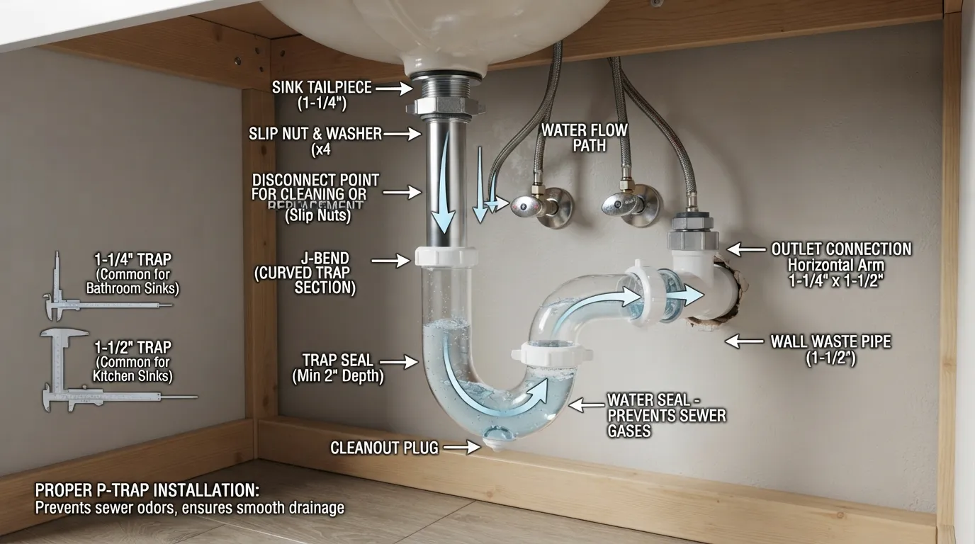 Tubular trap beneath a sink showing its curved water-seal section, common pipe sizes, connections, and replacement points.
