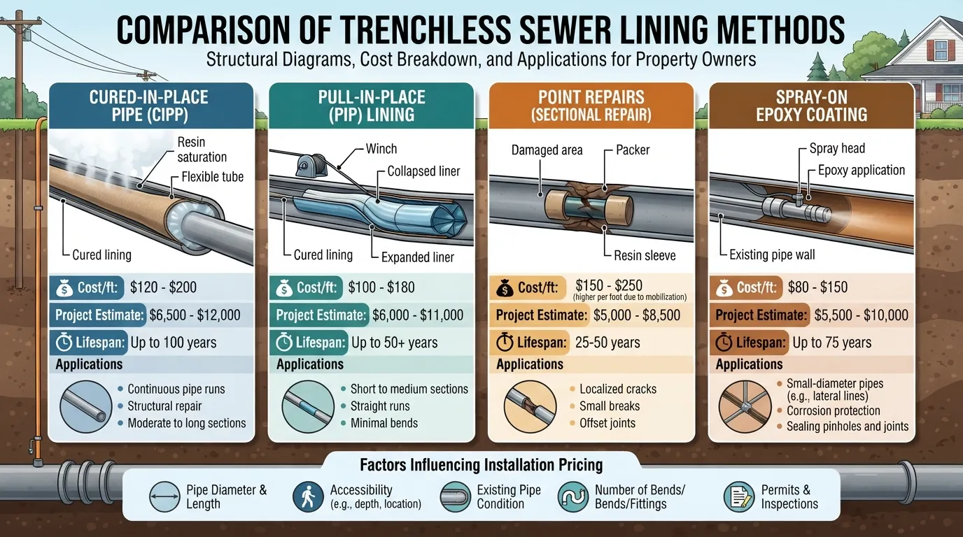 Infographic comparing the four main types of sewer lining methods, installation processes, and associated costs for cracked pipes.