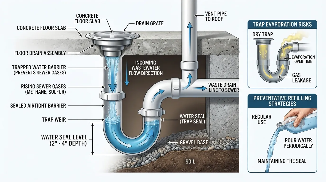 Cross-section diagram of a plumbing P-trap showing the water seal level and how it blocks sewer gases from entering the home