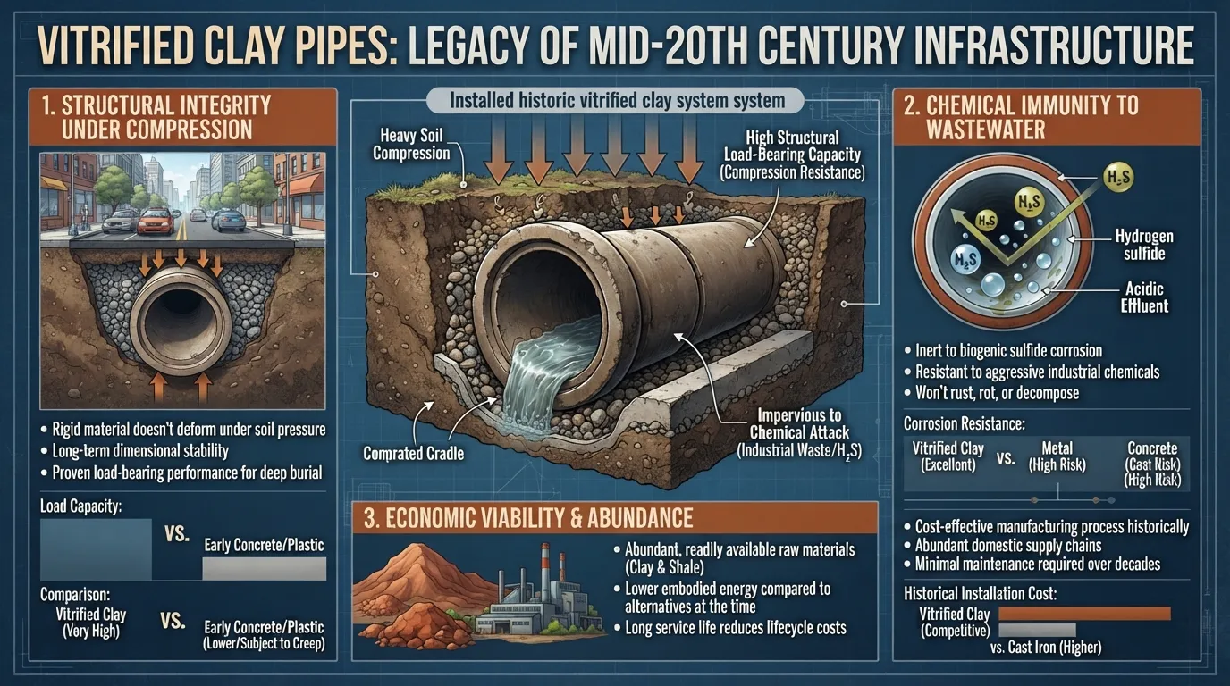 A detailed view of a historical vitrified clay sewer pipe demonstrating durability and structural load-bearing design.