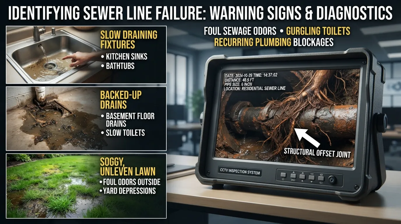 Close-up of a residential plumbing diagnostic monitor displaying a cracked sewer pipe with root intrusion during a CCTV inspection.