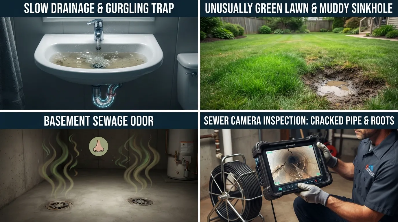 Plumber inspecting warning signs of sewer line failure including slow drains, wet spots in yard, and sewage odors.