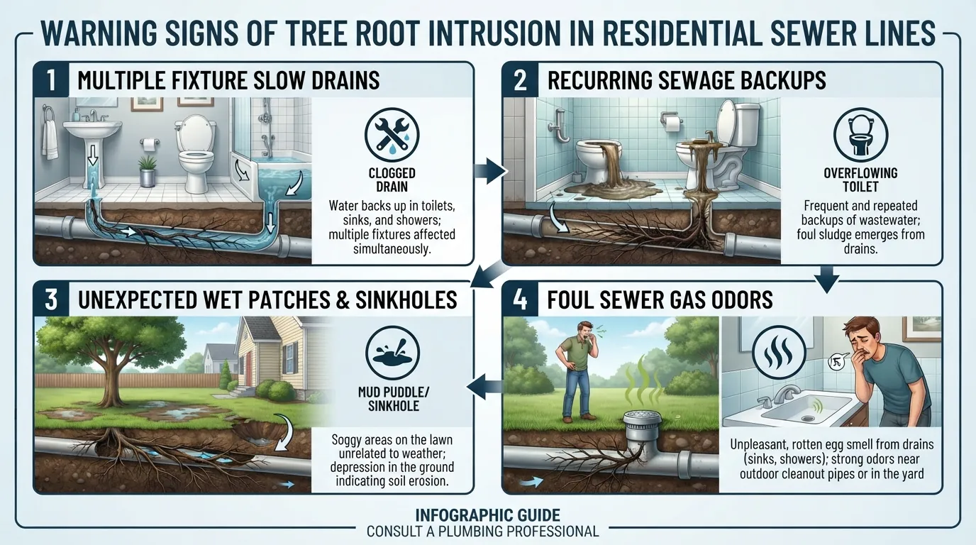 A plumbing inspection showing warning signs of tree root damage inside a residential sewer line