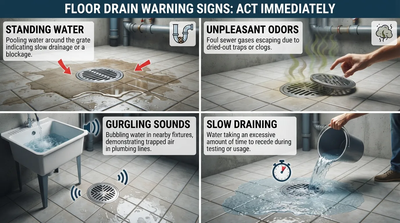 Close-up of a backed-up floor drain showing warning signs like standing water and debris indicating plumbing issues
