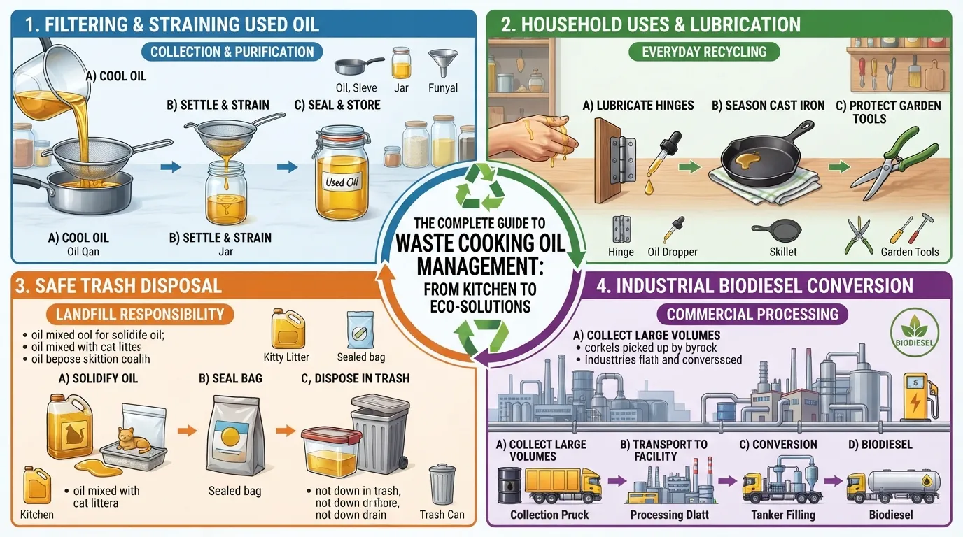 Infographic displaying various creative household and industrial uses for waste cooking oil, including biodiesel and garden applications.