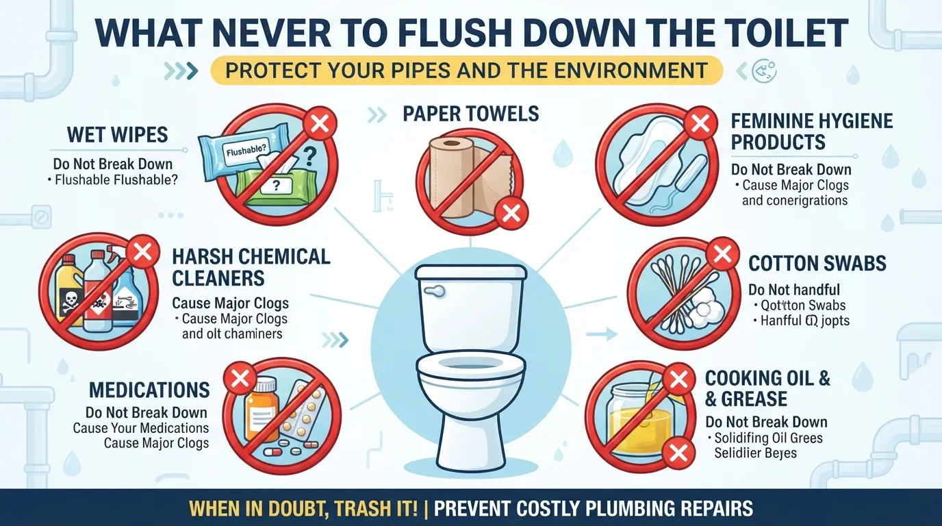 A helpful waste management and plumbing guide showing forbidden items that should never be flushed down the toilet, including wipes, grease, and chemicals.