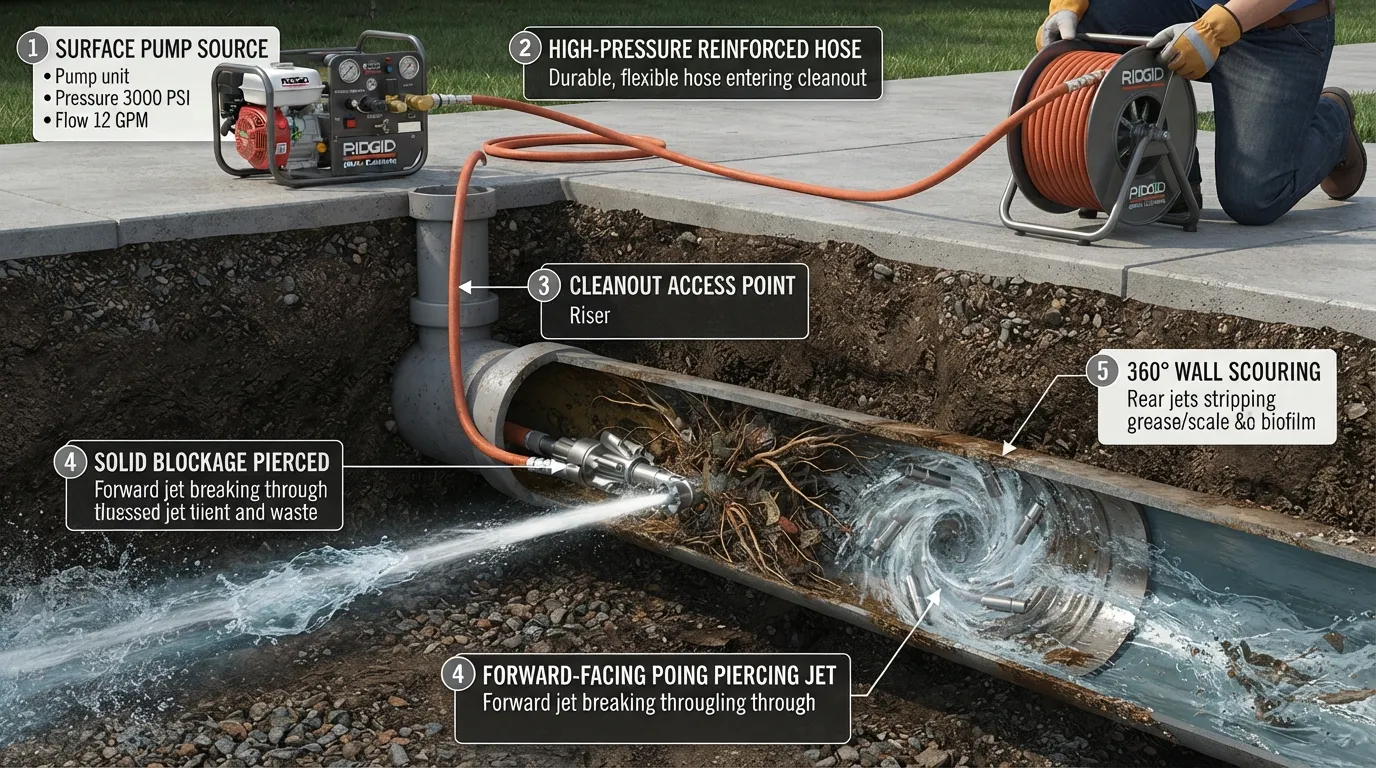 Cross-section diagram illustrating high-pressure water jet sewer cleaning, showing a specialized nozzle inside a pipe scouring away grease and tree roots.