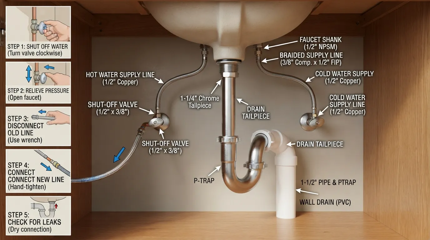Under-sink water supply lines showing hot and cold connections, common sizes and flexible line types, with a replacement process from shut-off valve to faucet.