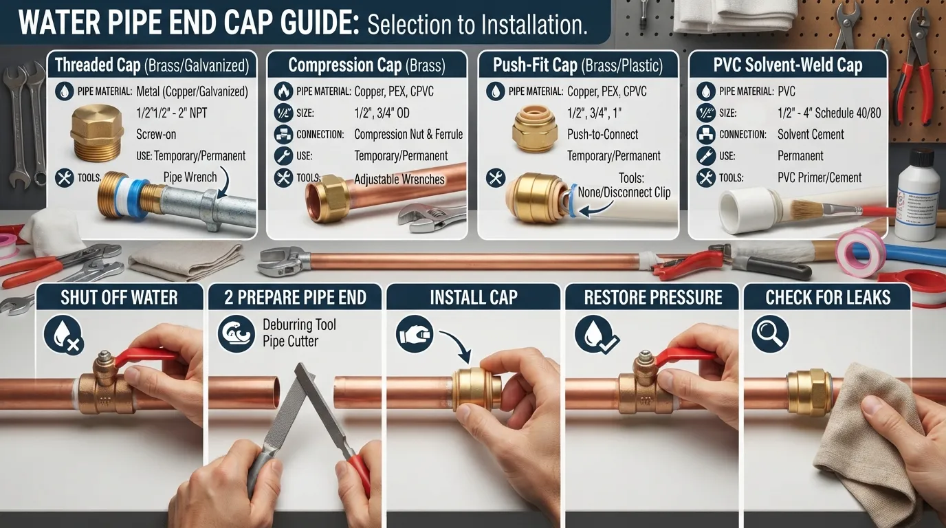 Water pipe end caps in different types and sizes with examples of threaded, compression, push-fit, and PVC caps used to close water lines
