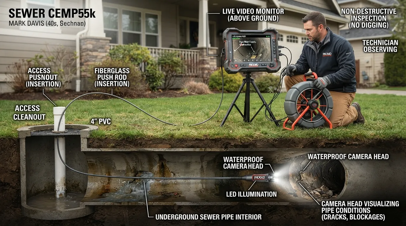 Plumber viewing a live video monitor displaying a waterproof camera head attached to a flexible fiberglass rod inside an underground pipe.