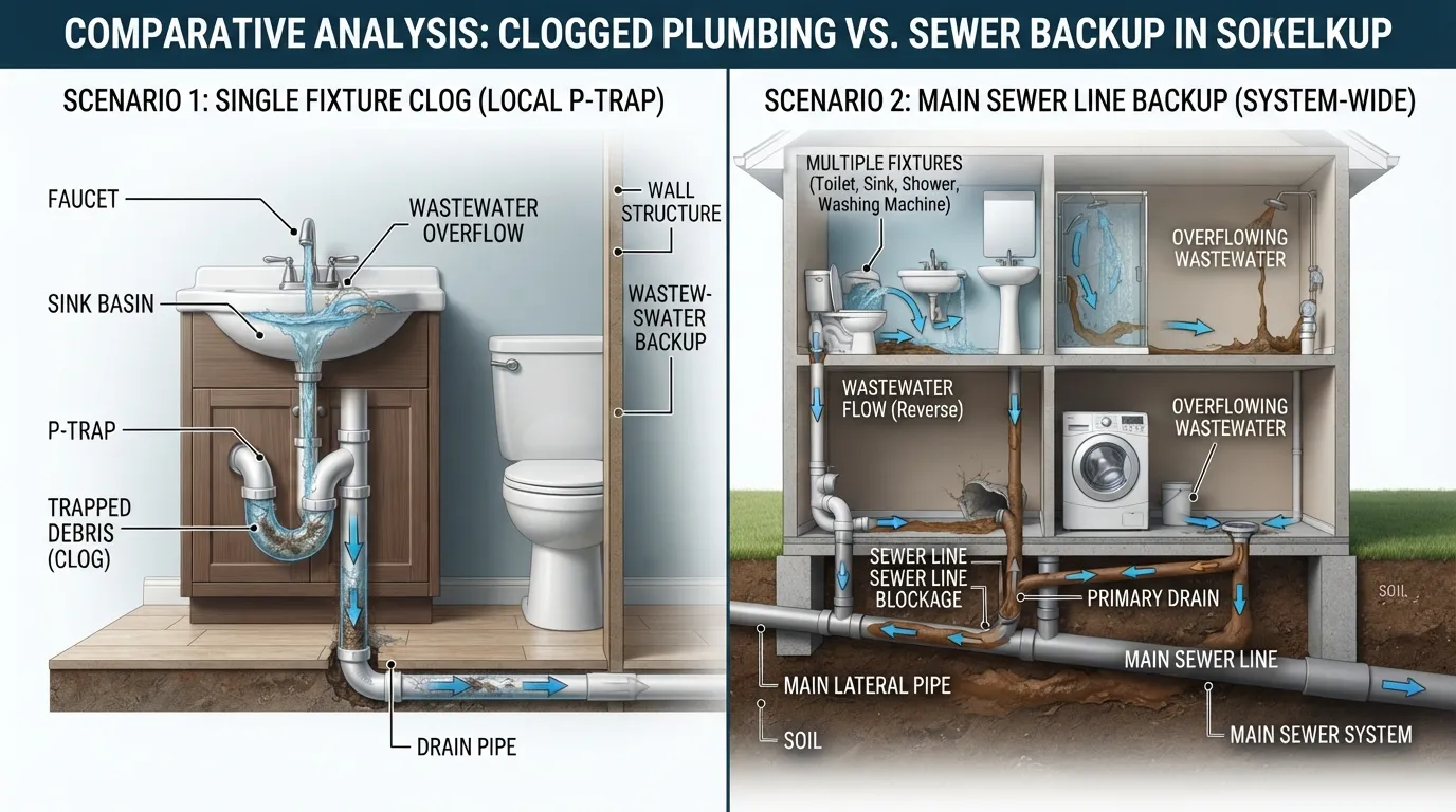 Diagram illustrating the difference between a single fixture clog in a drain trap and a main sewer line backup affecting multiple fixtures.