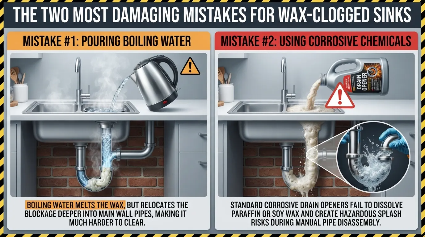 Infographic showing common plumbing mistakes like pouring boiling water or using Drano on a wax clogged sink drain