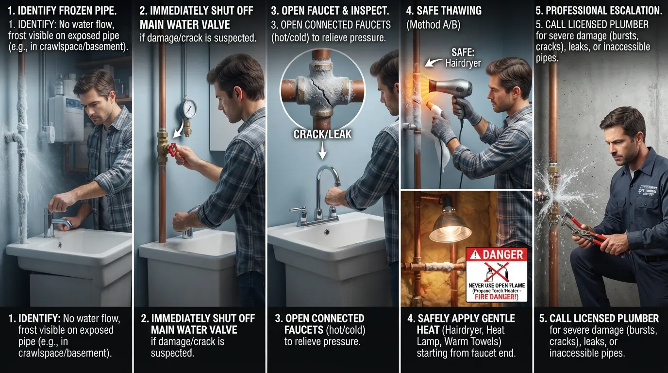 Step-by-step visual guide showing how to safely respond to frozen pipes, including shutting off the water, opening a faucet, checking for damage, and gently thawing an accessible pipe